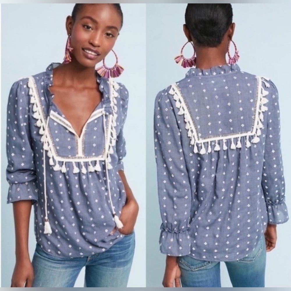MAEVE Blue Sawyer Peasant Top Embroidered Tasseled Boho Anthropologie Size M‎